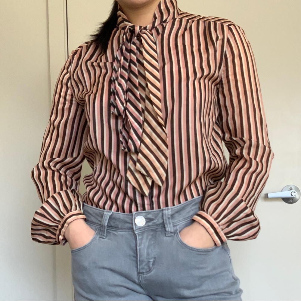 70s Vintage Neapolitan Striped Pussybow Blouse Size Small